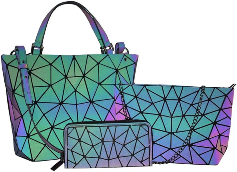 FOUCPOOM Geometric Luminous Shoulder Bag Set - Holographic Crossbody Wallet Purse