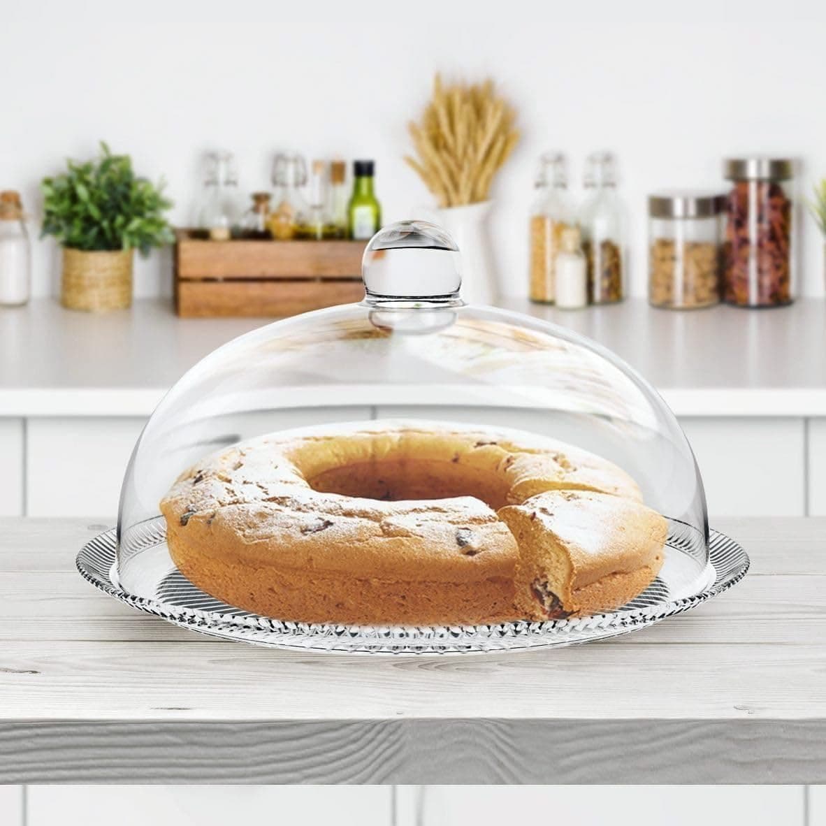 Elegant Glass Cake Stand with Cover - 30 cm, Clear Glass Material