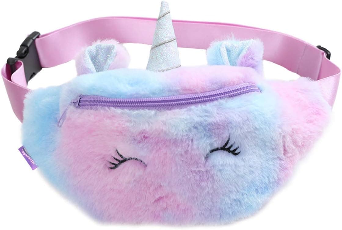 ANPTER Girls Unicorn Plush Waist Bag - Purple, Adjustable Belt - Kids Sport Running Camping Trip