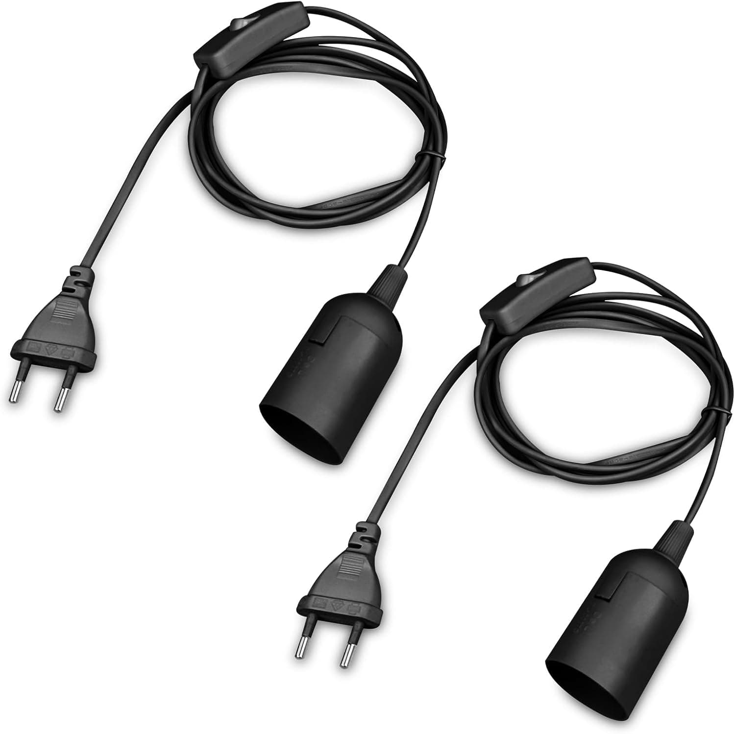 2 x E27 lamp socket with cable, switch and plug, E27 socket with 2 m power cord and EU plug, socket adapter for lamp hanging