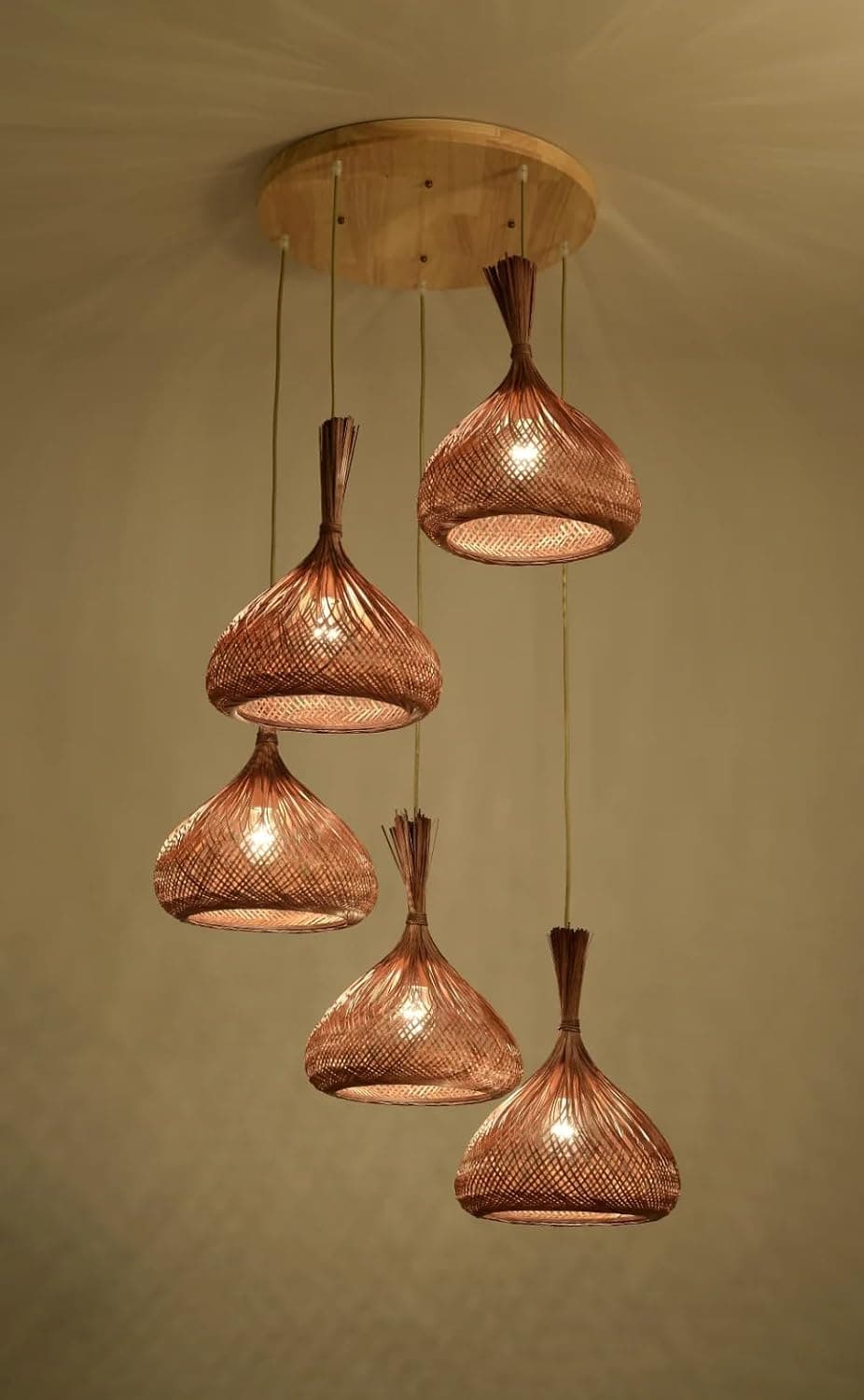 Meshkah Lighting Bamboo Trio Hanging Lamp with Woven Shades, Brown - Chandelier Fixture