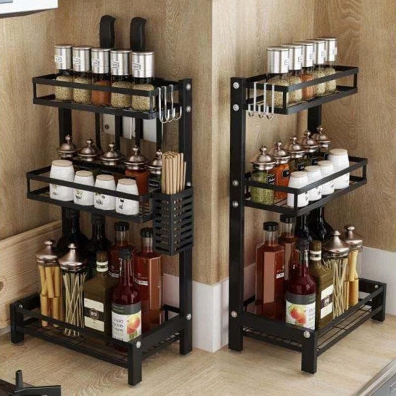 Freestanding Black Spice Shelves | Large Capacity | 3 Way | Imported Galvanized Stake | 32x20x60cm