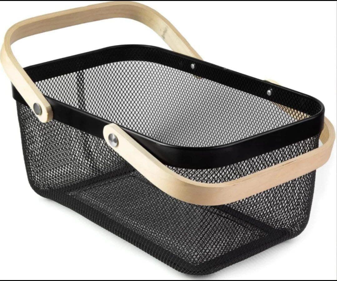 Portable Garden Harvest Basket with Bamboo Handle - Black Mesh Wire Storage Basket