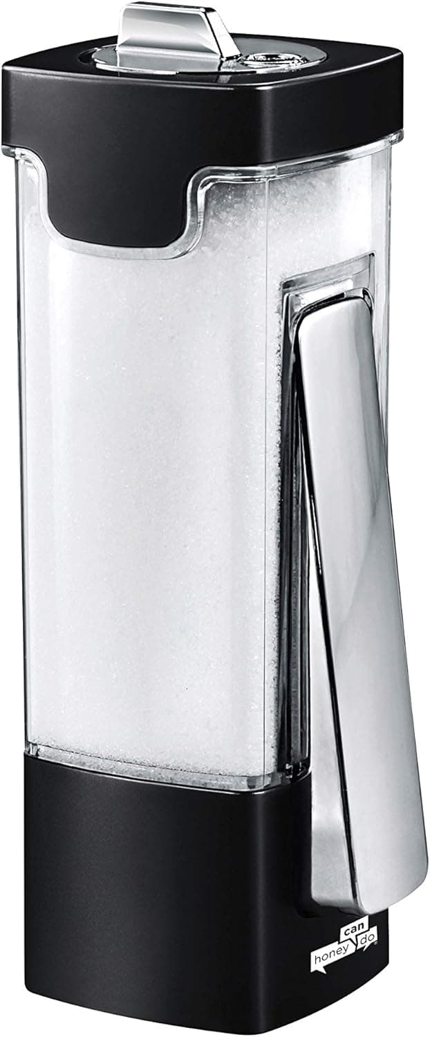 Triple Sugar, Salt and Spice Dispenser with Portion Control, Airtight Transparent Containers with Easy-Pour Lids, Spoons and Lever, Compact Kitchen Organizer for Dry Ingredients