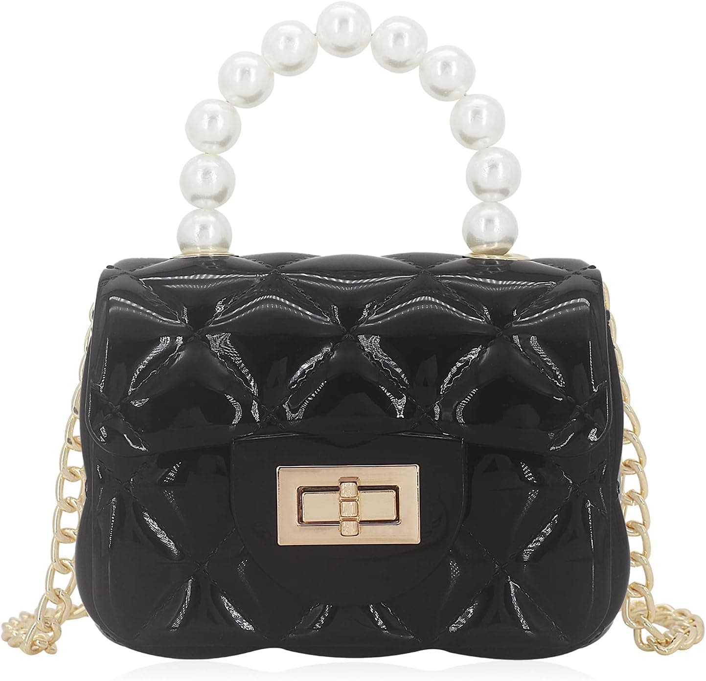 Nodeber Mini Jelly Flap Crossbody Bag with Pearls Top Handle, Black