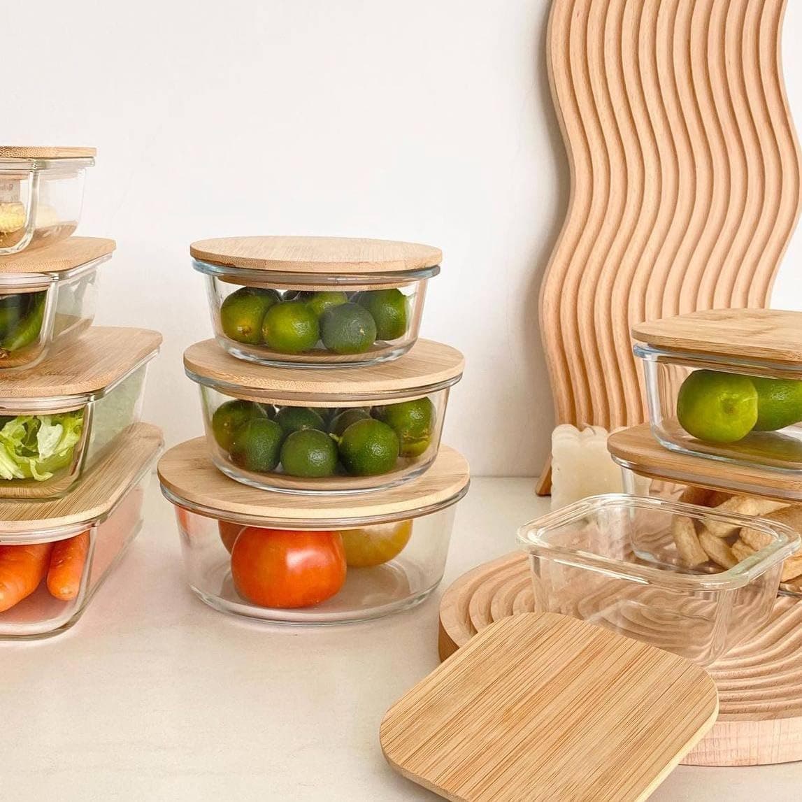 Glass Food Storage Containers Set of 3 with Wooden Lids - BPA-Free, Stackable, 1970ml Capacity