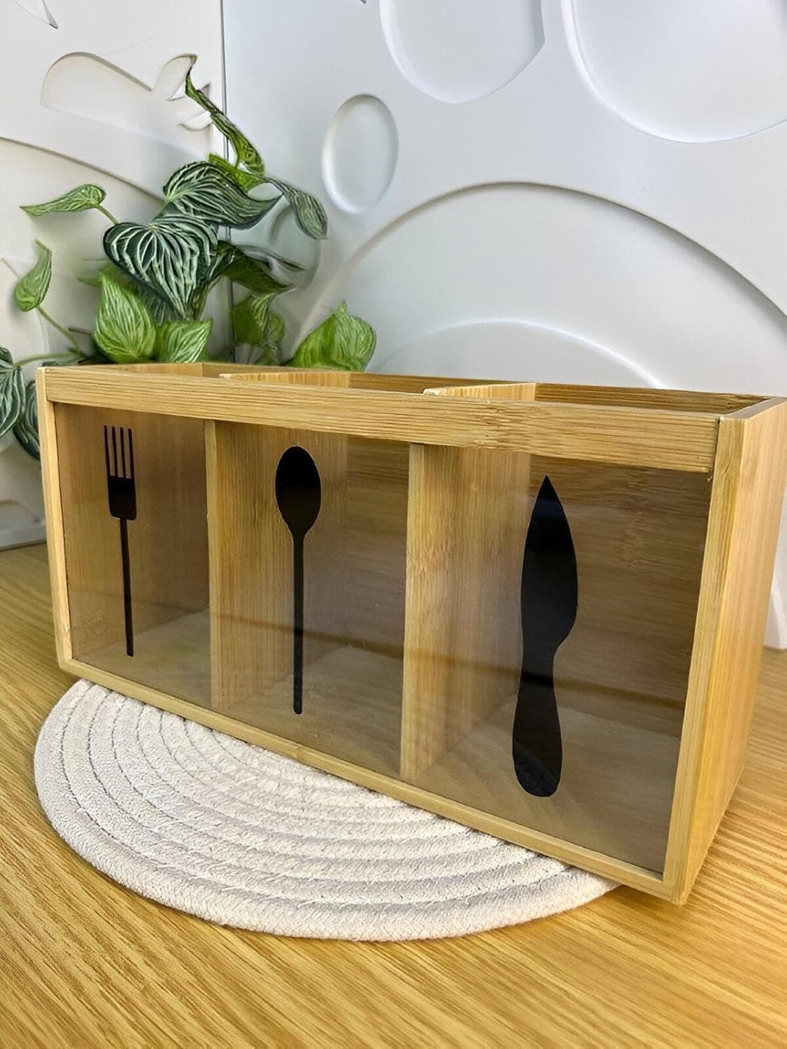 Kitchen Organizer - Durable Bamboo and Acrylic 3-Section Utensil Stand, Water-Resistant Design, Modern Wooden Finish, Perfect for Holding Flatware and Cutlery, Stylish and Space-Saving