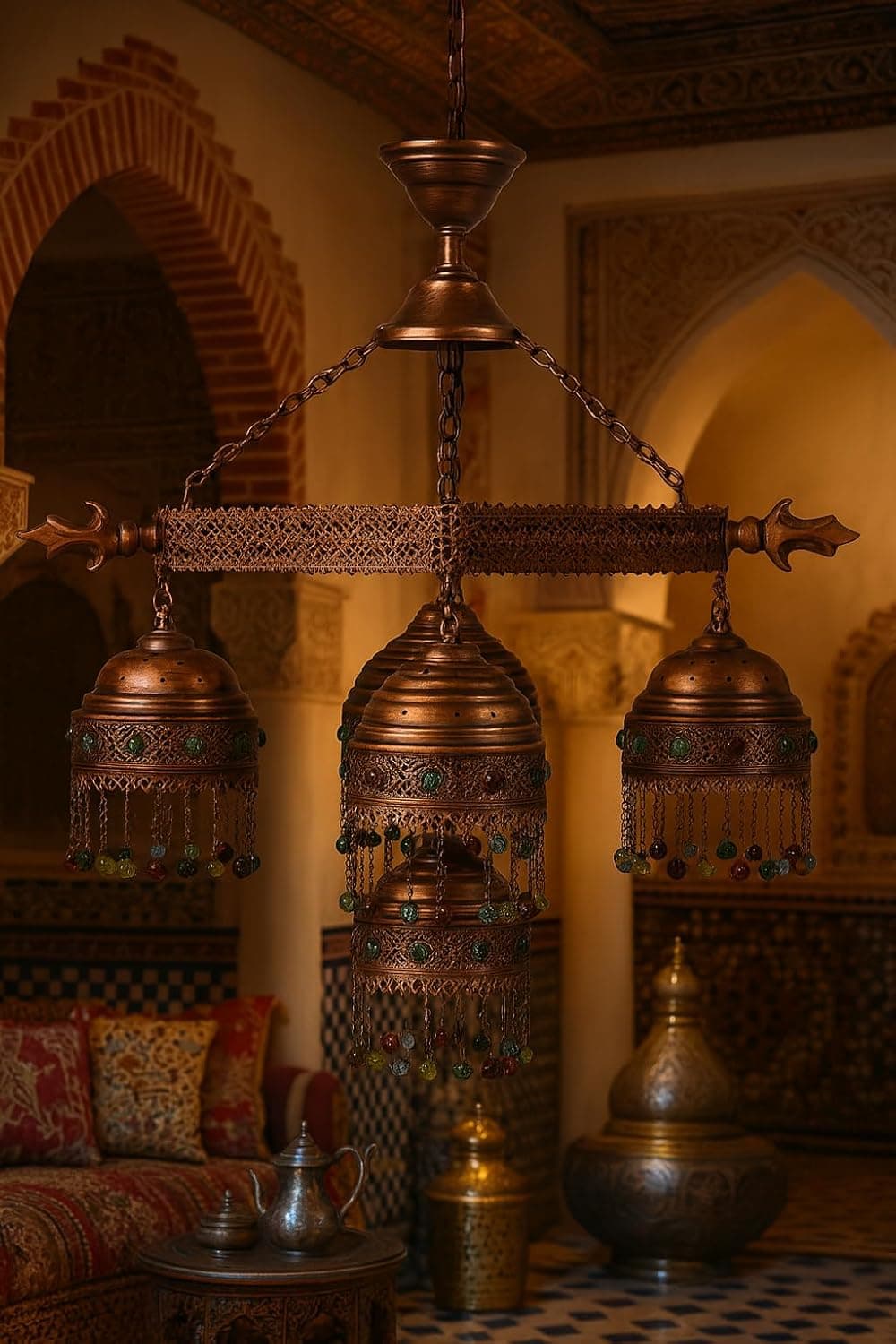 Mushkah Lighting Brass Classic Arabic Chandelier - 5 Lampshades