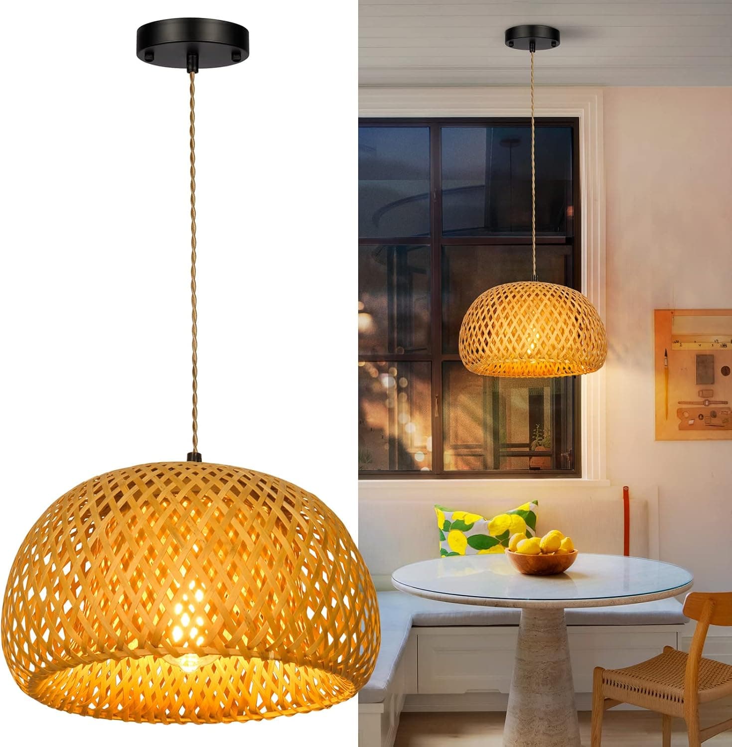 JSXing Yellow Woven Bamboo Pendant Light - Industrial Ceiling Fixture