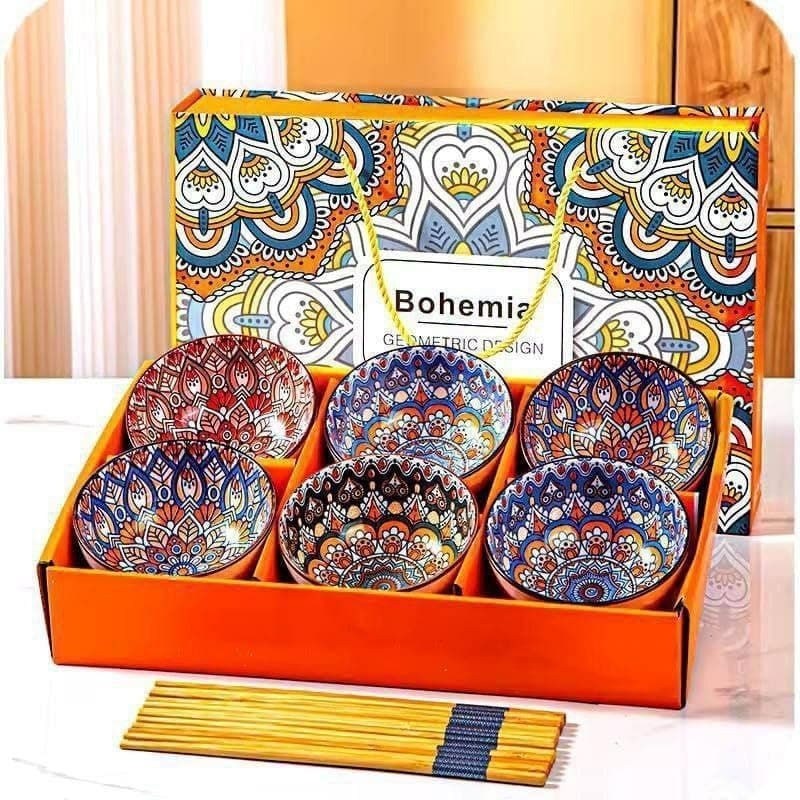 Bohemian Ceramic Rice Bowl Set - Microwave Safe - 6 Pieces