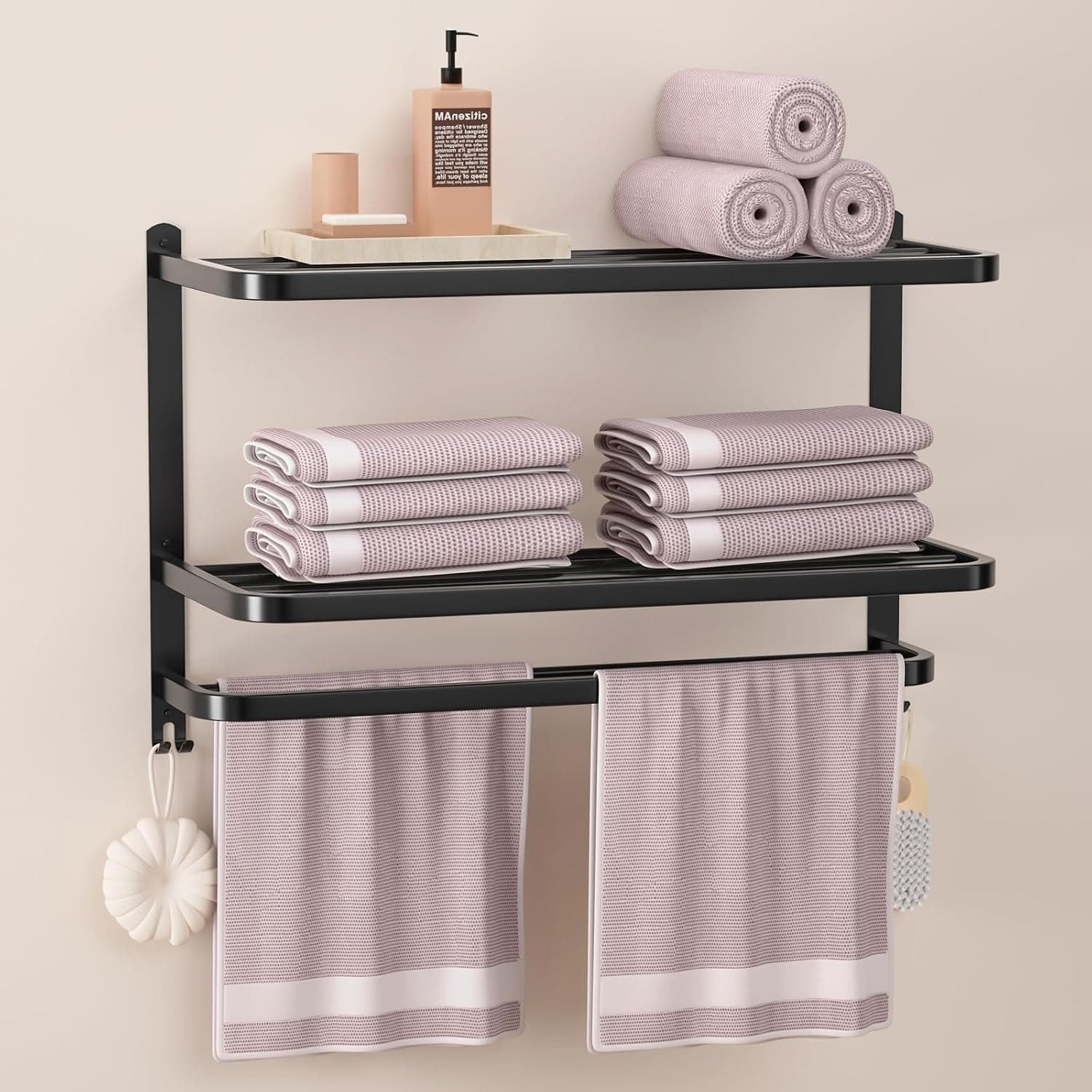 Matte Black Stainless Steel Wall Mounted Towel Holder with Shelf and Hooks