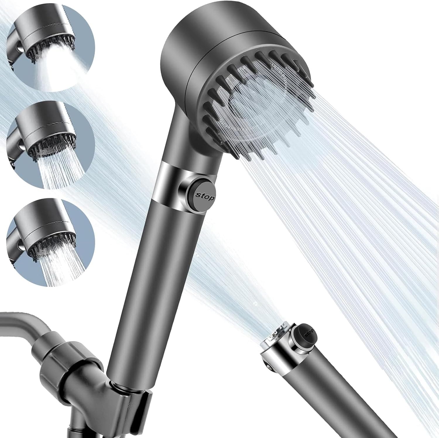 High Pressure Filtered Shower Head with 3 Spray Settings and On Off Switch Handheld Showerhead with Massage Mode Water Saving Filtration System Hose and Bracket for Home Bath Use – Grey