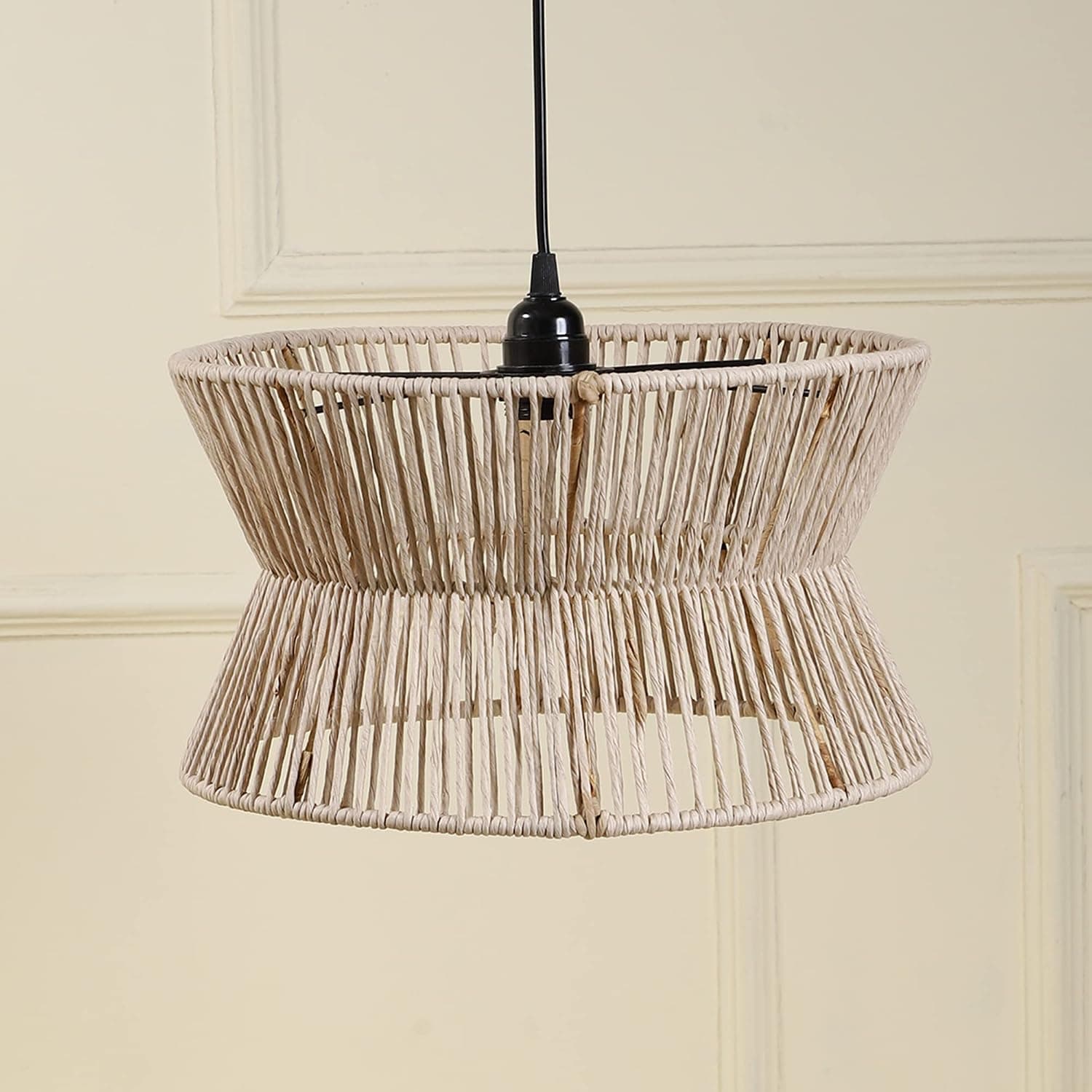 Akway Rattan Seagrass Paper Raffia Kauna Grass Wicker Lamp Premium Ceiling Light / Pendant Light Handwoven - 1 Piece (15" Dia x 8'H) (Beige) (Bulb not Included)