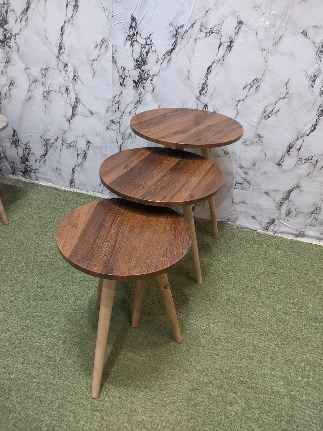 Modern White Nesting Table Set with Wooden Legs - Set of 3 Round Coffee & Side Tables