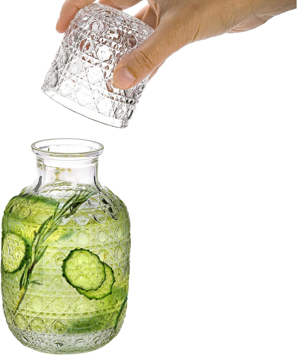 Classic Bedside Water Jug Set, Clear Glass Crystal Carved - 5.04L Capacity