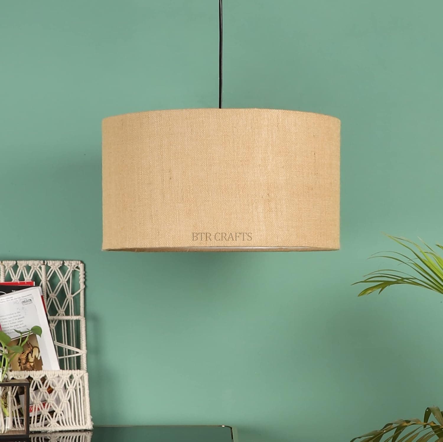 Natural Jute Color, Hanging Drum Lamp Shade, Decorative Light Lamp for Living Room, Home, Bedroom, Home Décor Lightning/ Black Canopy (16" Inches)