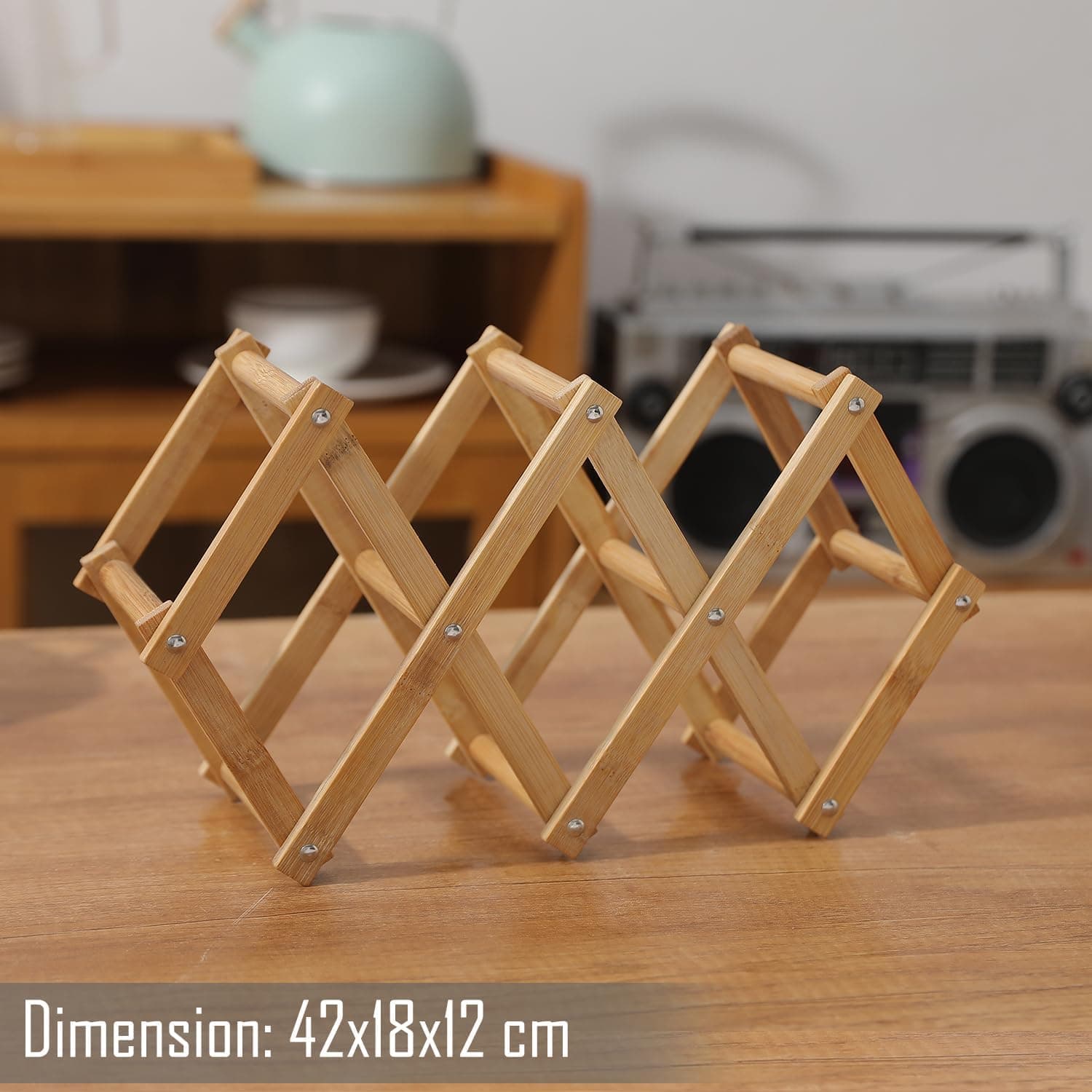 Premium Bamboo Wooden Bottels Rack - 5 Bottle Display Holder, Foldable & Portable Design, 42x18x12cm