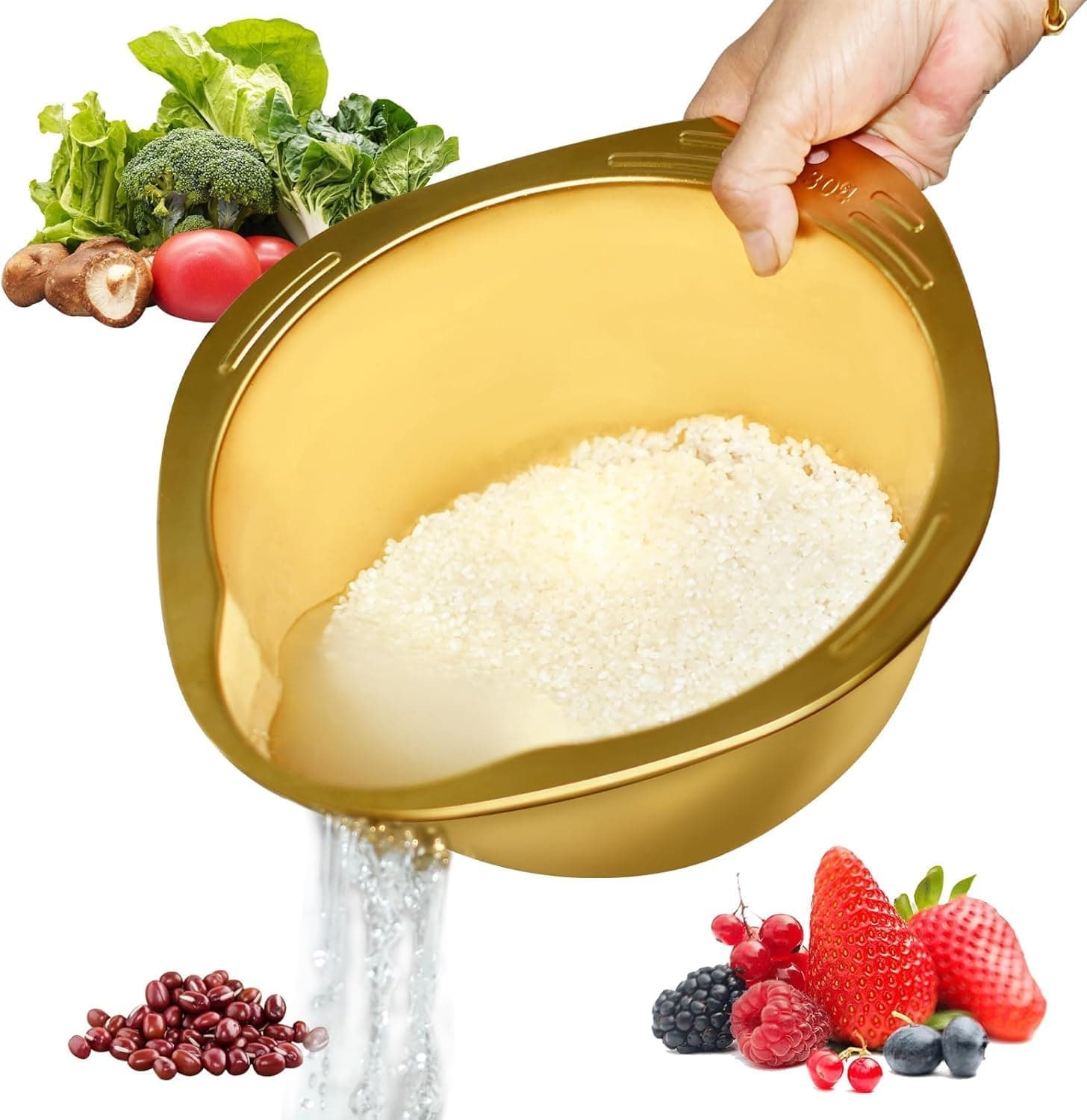 Stainless Steel Rice Washer Strainer Bowl with Side Drainers - Silver