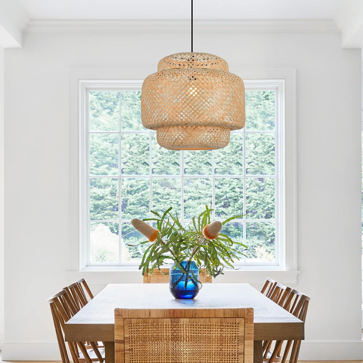 Bamboo Pendant Light, Industrial Bamboo Woven Pendant Lighting for Dining Room Foyer Enteryway Living Room Bedroom Kitchen, 15.7"