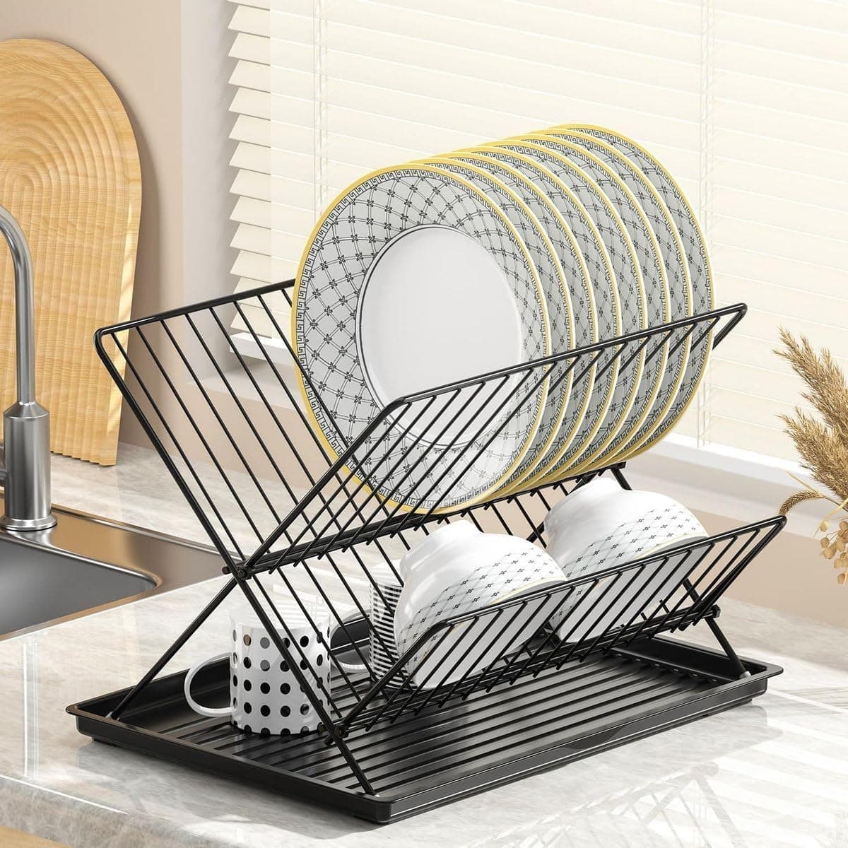 Metal Multipurpose Dish Rack with Water Tray - Large Capacity, Easy to Clean - Space Saving Kitchen Organizer