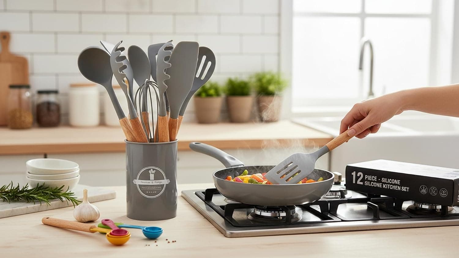 Silicone Kitchen Spatula Set - 12 Pieces, Non-Stick, Heat Resistant, Wooden Handles, Grey
