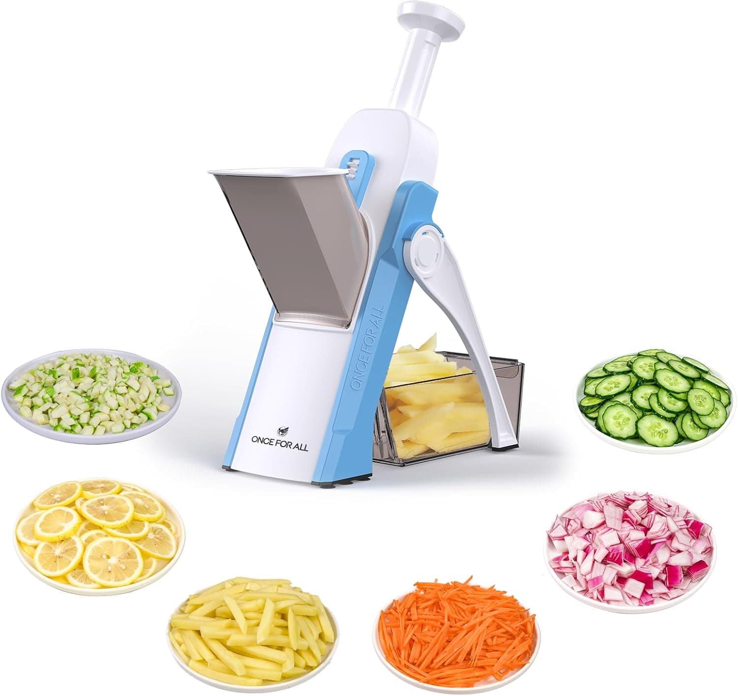 Mandoline Slicer, 5-in-1 Vegetable Cutter with Adjustable Thickness 0.1–8mm, Safe Hands-Free Slicer for Fast Slicing, Julienne, Dicing and Food Preparation - Blue