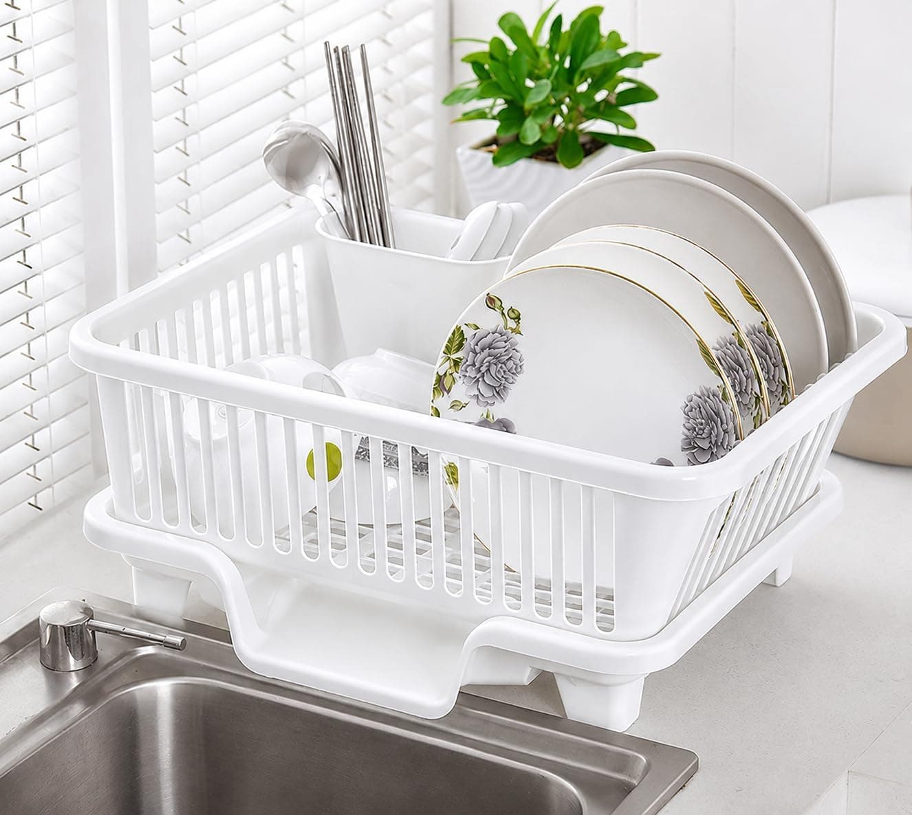 Multipurpose Dish Drying Rack with Drainage Hole - White Plastic Kitchen Organizer