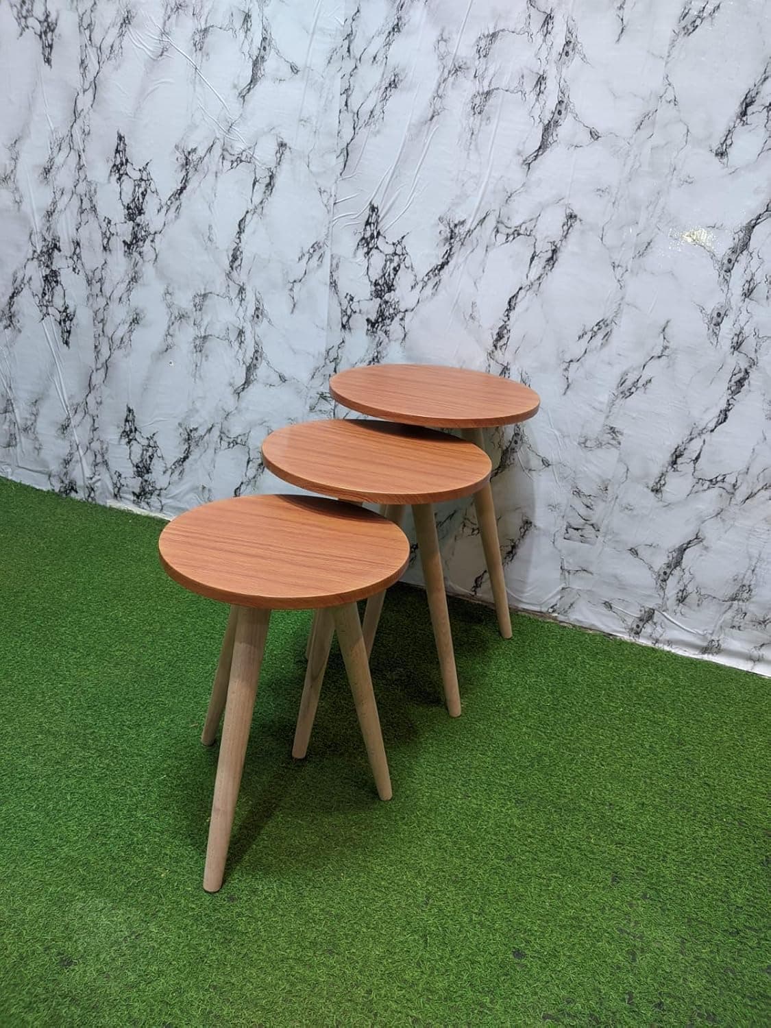 Modern White Nesting Table Set with Wooden Legs - Set of 3 Tables