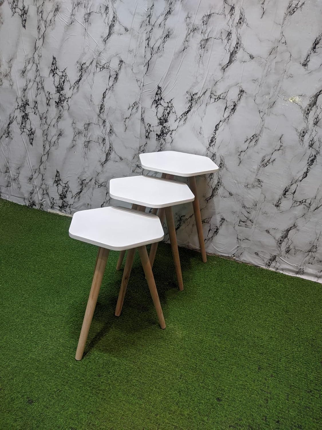 Modern White Nesting Table Set with Wooden Legs - Set of 3 Round Tables