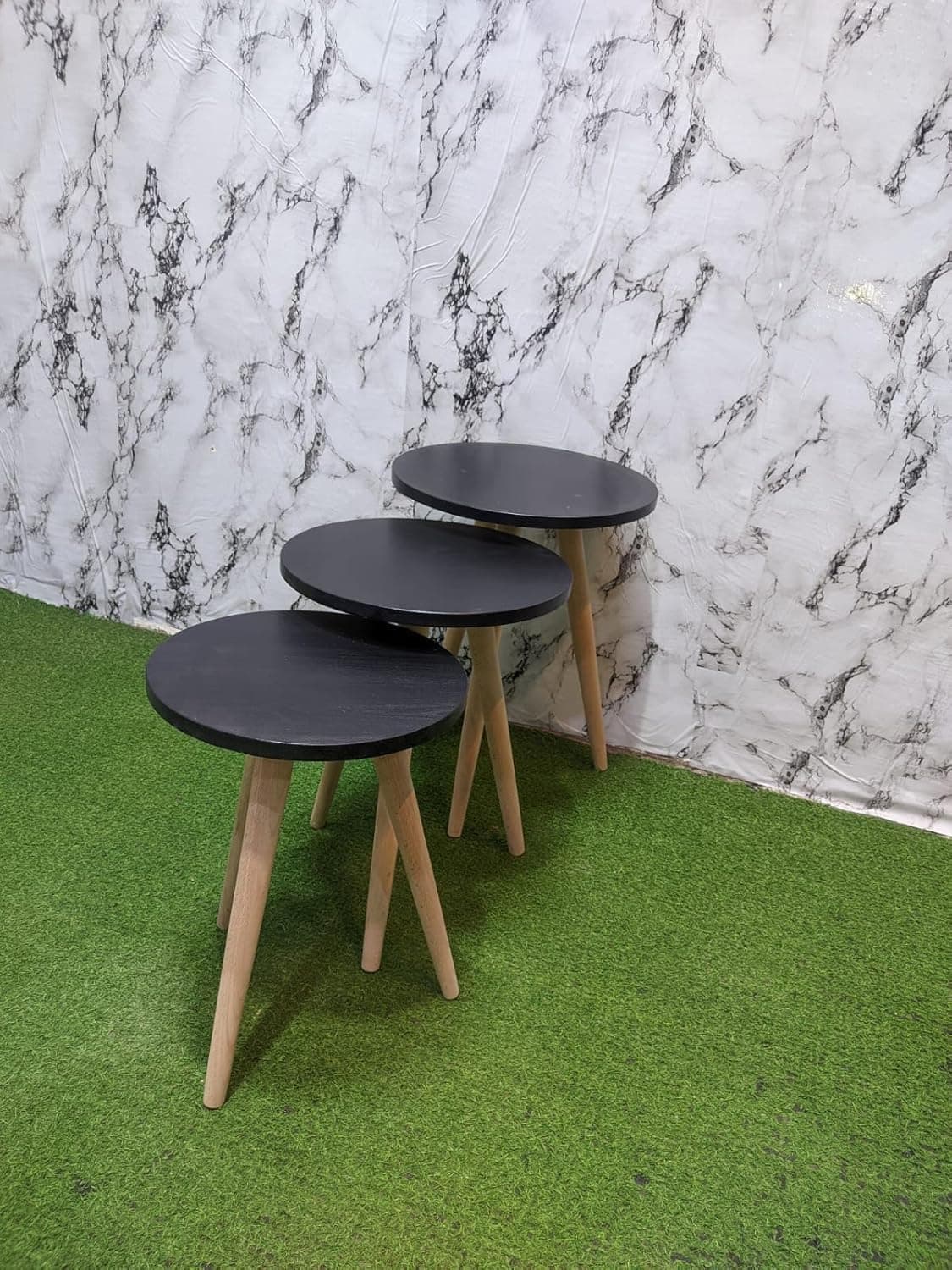 Modern Round Nesting Table Set with Wooden Legs - Set of 3 (Black)