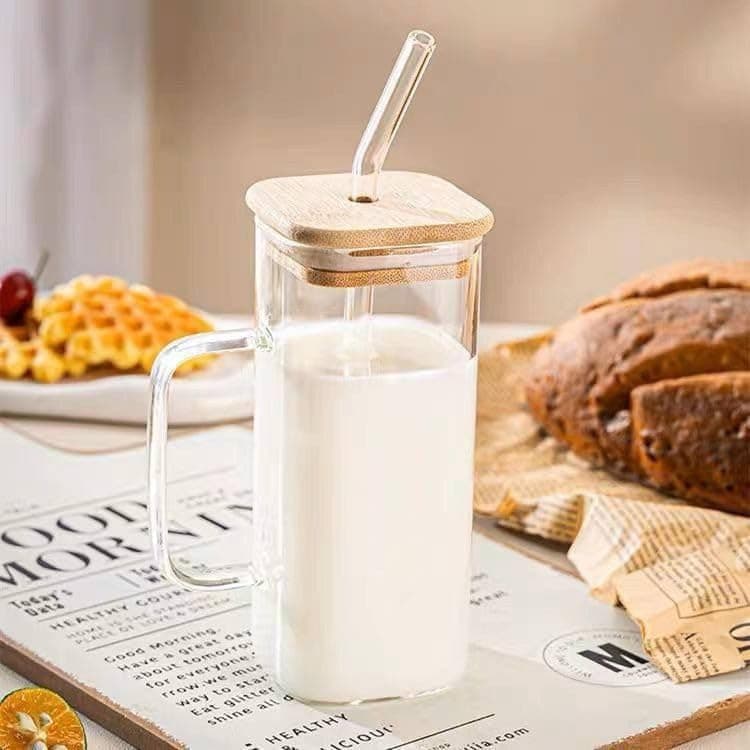 كوب زجاجي مع مقبض وغطاء خشبي، كوب شرب زجاجي، كوب شرب مربع 400 مللي