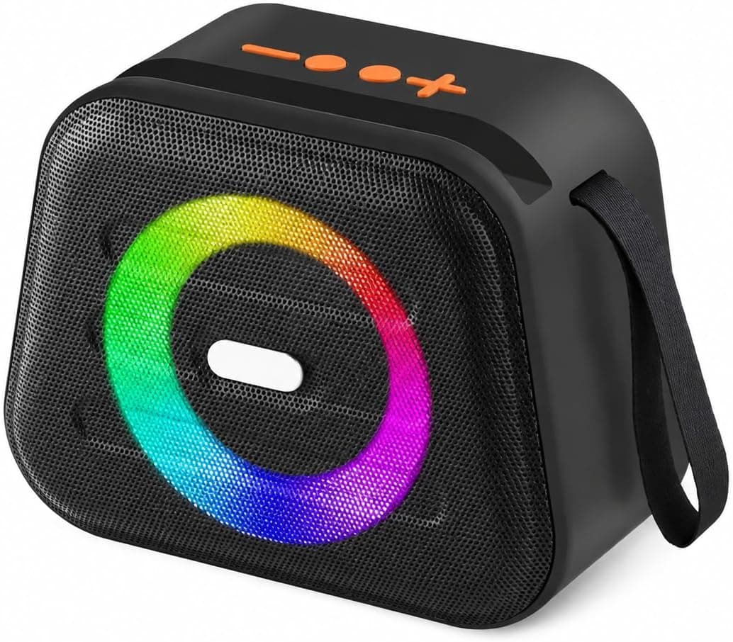 S10 مكبر صوت بلوتوث محمول، إضاءة RGB ديناميكية، حامل هاتف، 5 واط، بطارية 1200 مللي أمبير، يدعم راديو FM وUSB وبطاقة TF وAUX، أسود
